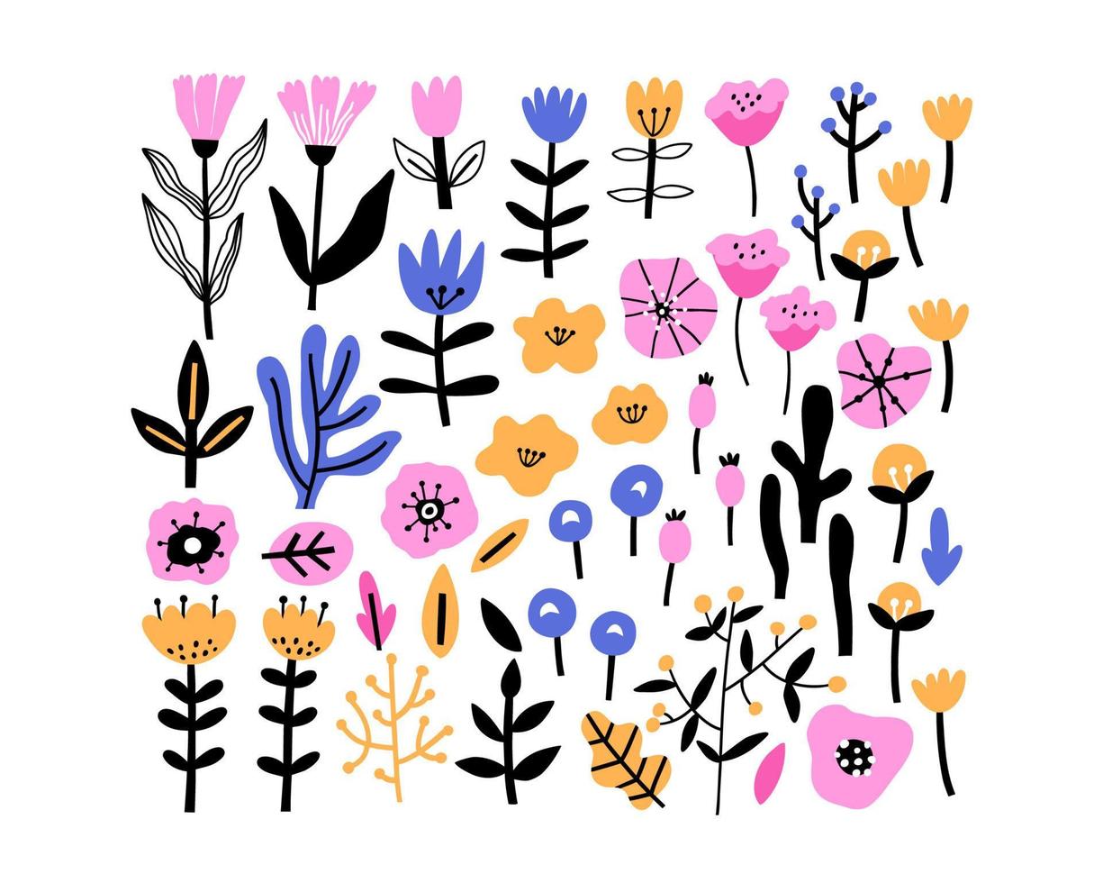 set with colorful flowers and plant elements in hand drawn flat style. vector illustration