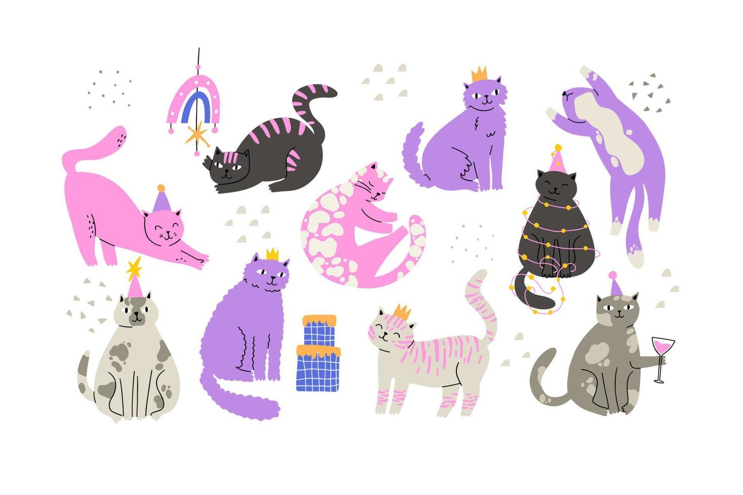 set of cute birthday cats in hand drawn flat style. vector illustration
