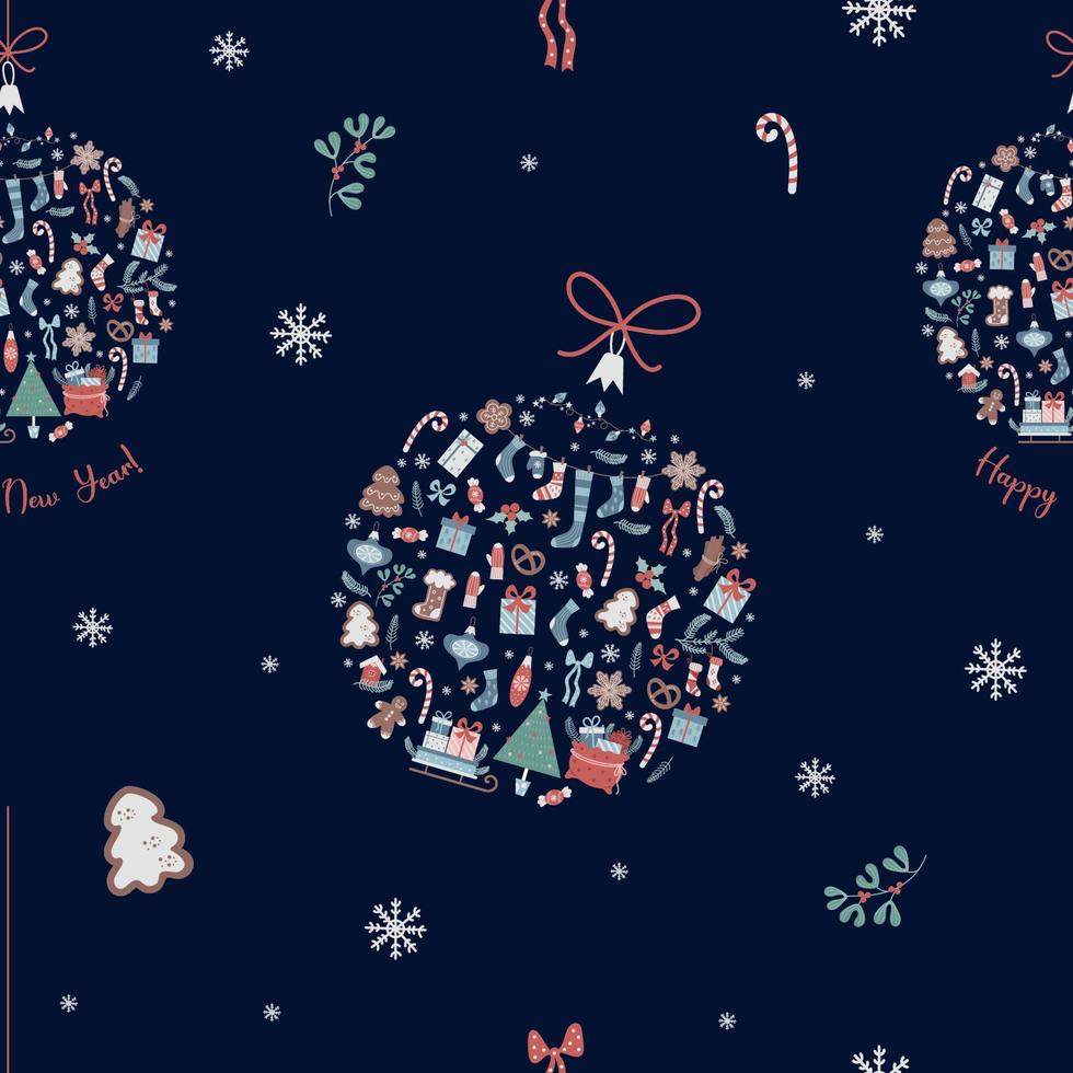 Christmas seamless pattern. Christmas tree ball from New Years decor on blue background with snowflakes and gingerbread. Vector illustration. Winter pattern for decor, design, packaging and print.