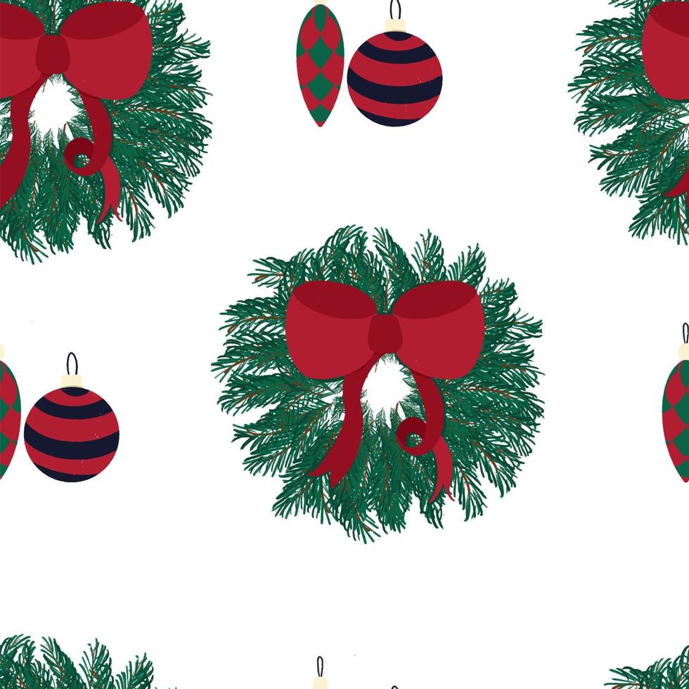 Seamless Christmas pattern with Christmas wreath and Christmas decorations vector