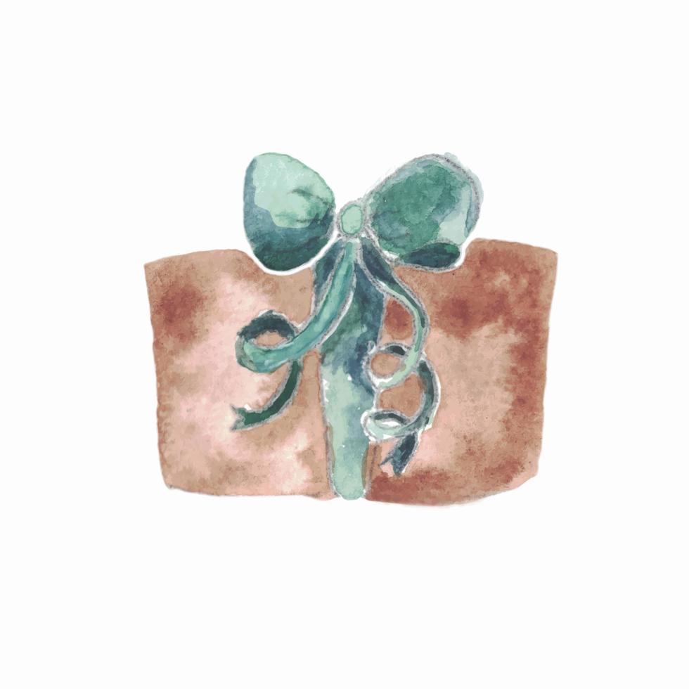 Hand drawn watercolor gift with a green bow vector