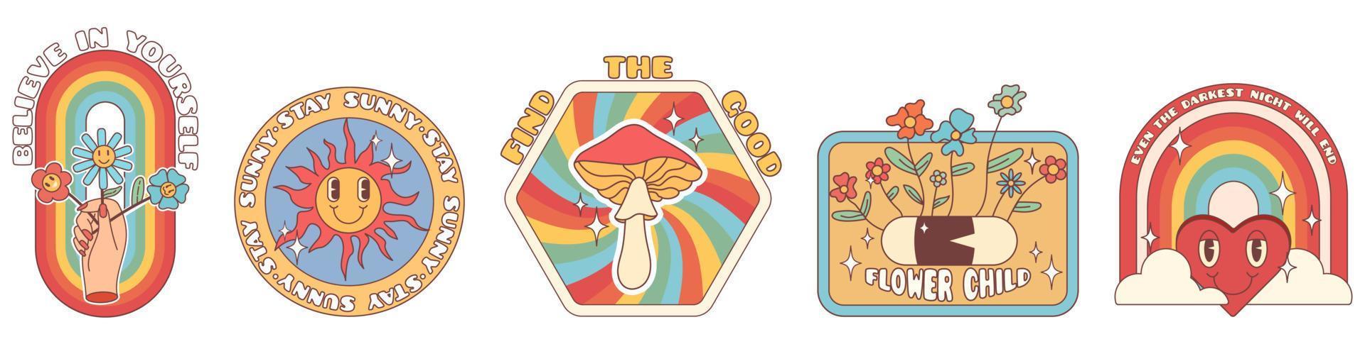 Groovy hippie 70s stickers. Funny cartoon flower, rainbow, heart, daisy, mushroom etc. Sticker pack in trendy retro psychedelic cartoon style. vector