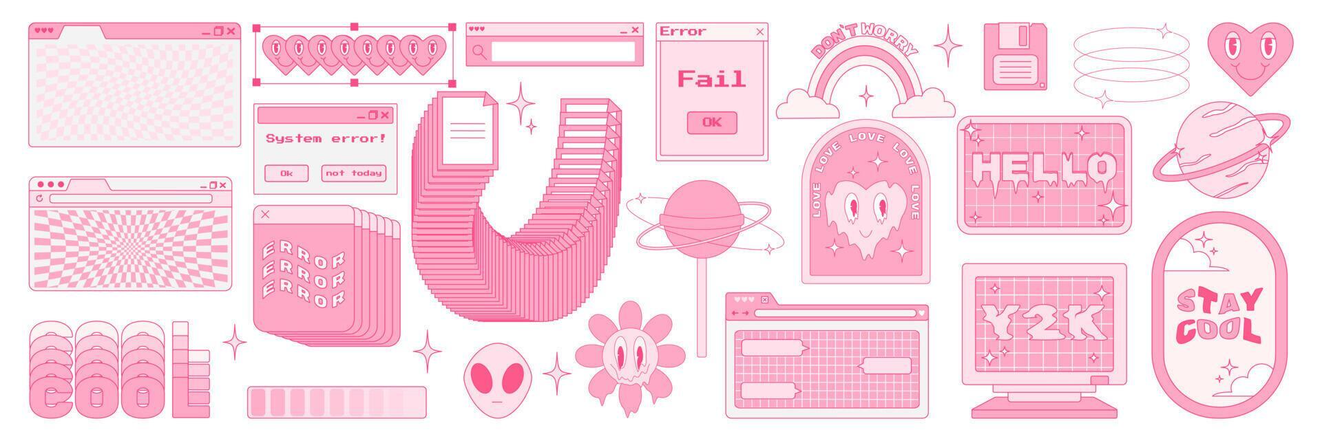 Big sticker set in trendy y2k style. Old computer aestethic. Retro pc elements, user interface