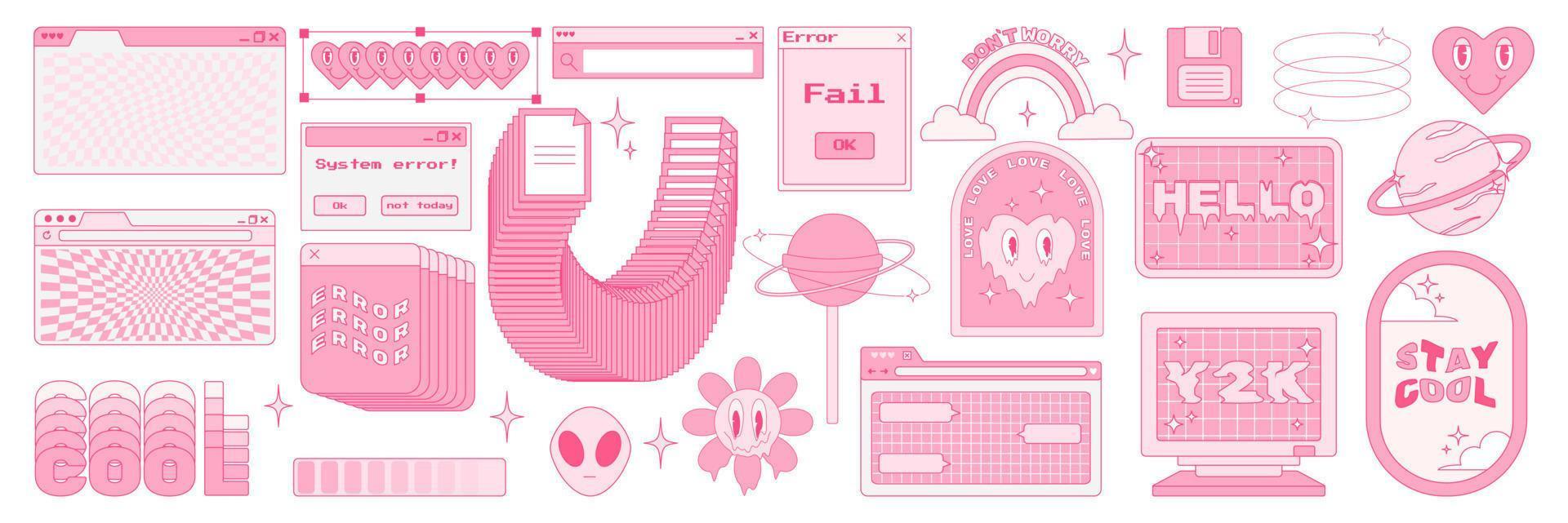 Big sticker set in trendy y2k style. Old computer aestethic. Retro pc elements, user interface. Nostalgia for 1990s -2000s. Vector illustrations.