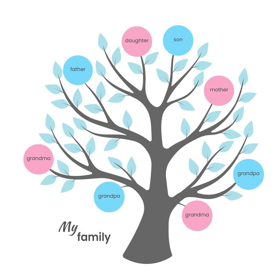 family tree with colored blue and pink circles and inscriptions with the name of relatives vector