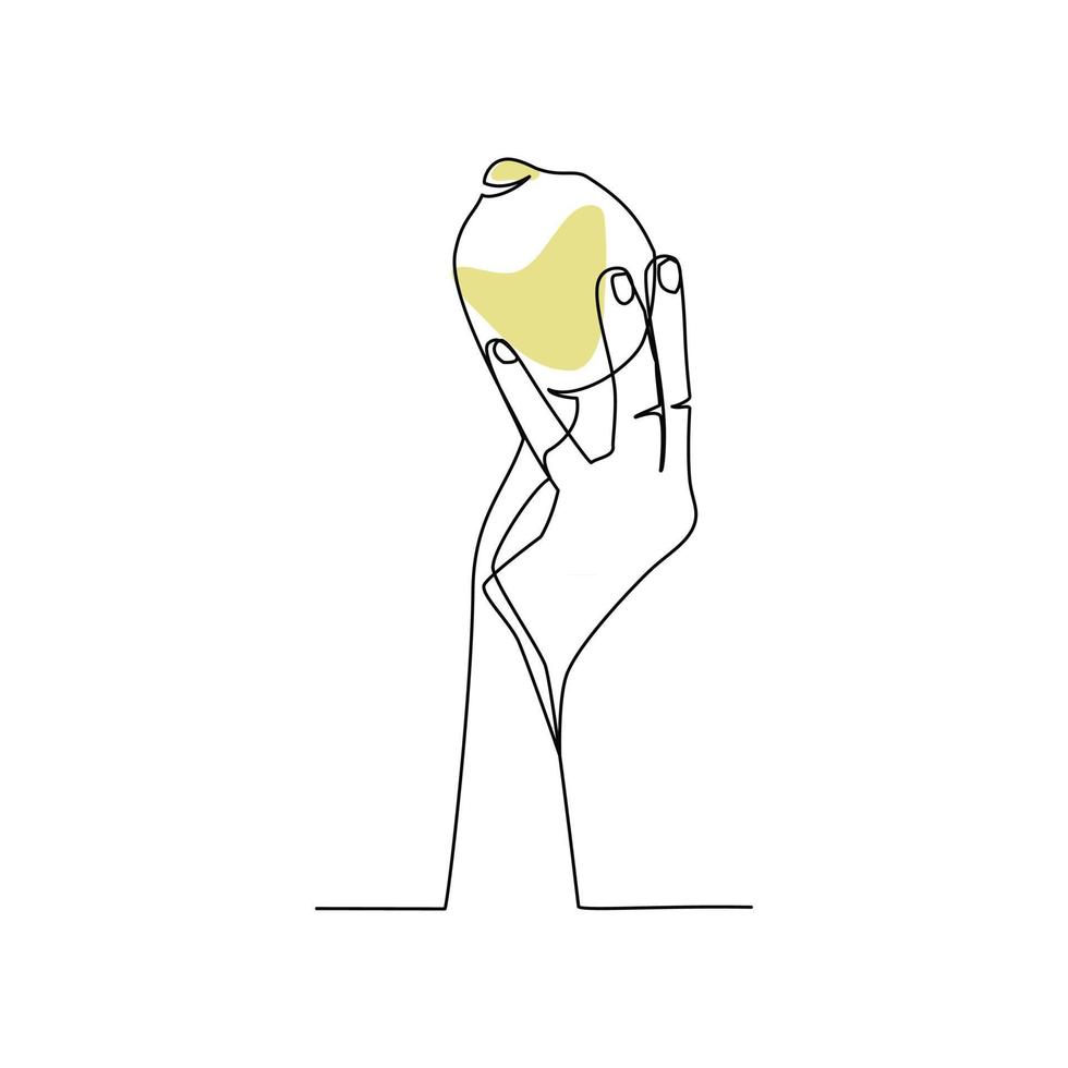 Vector illustration of a hand holding a lemon drawn in line art style