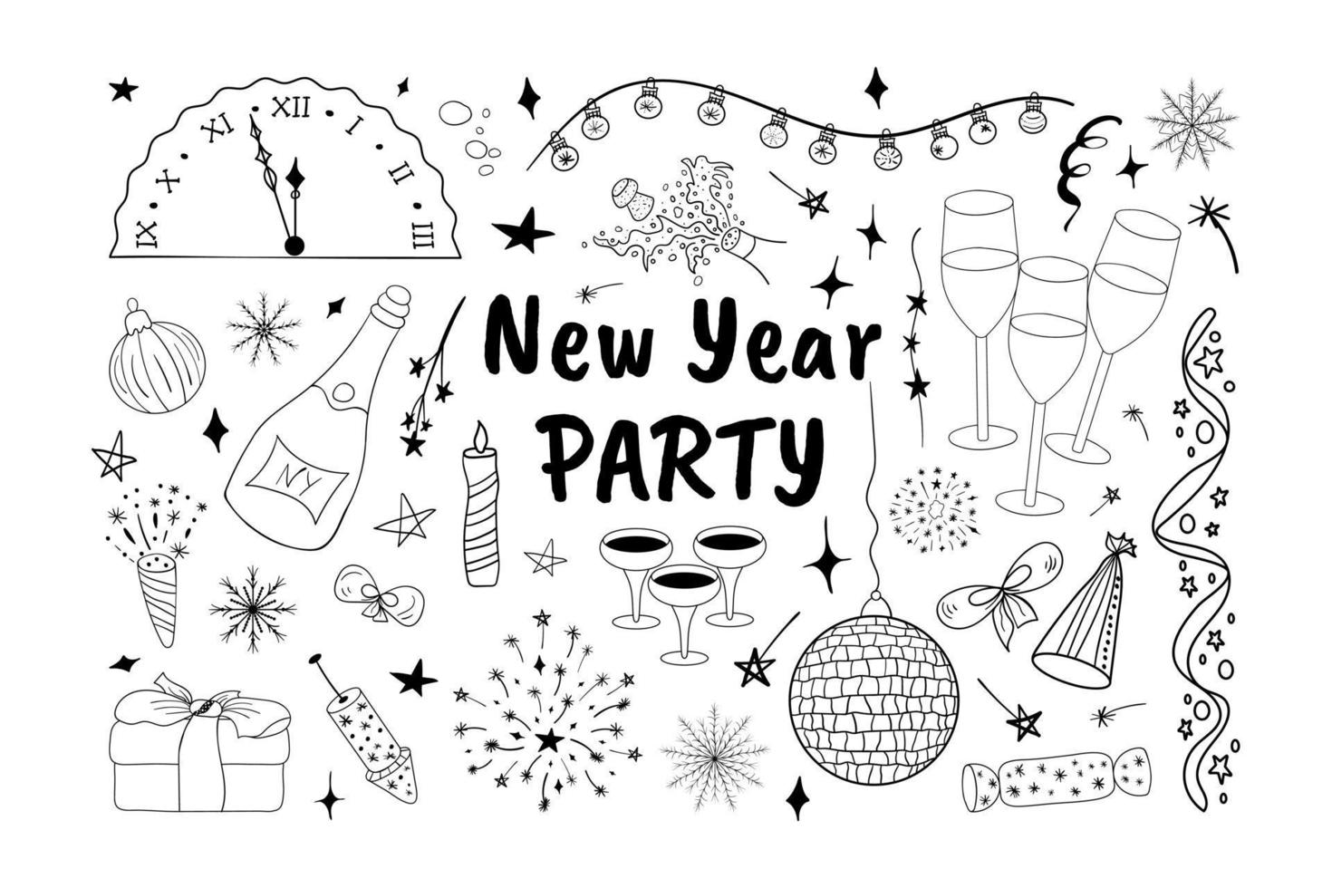 conjunto de clipart de vacaciones de fiesta de año nuevo. símbolos de garabatos de fiesta de año nuevo dibujados a mano para el diseño. aislado sobre fondo blanco vector