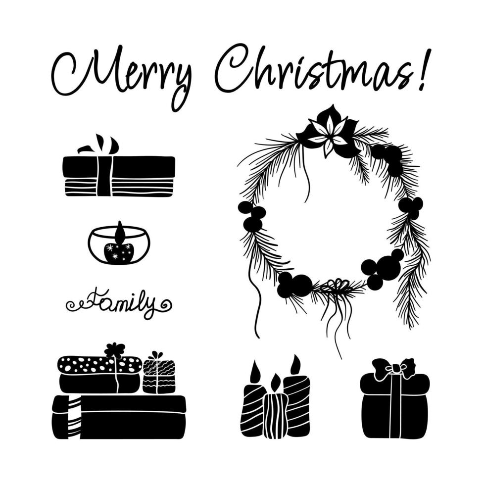 conjunto de imágenes prediseñadas de navidad. símbolos de garabatos navideños dibujados a mano para el diseño. negro aislado sobre fondo blanco vector
