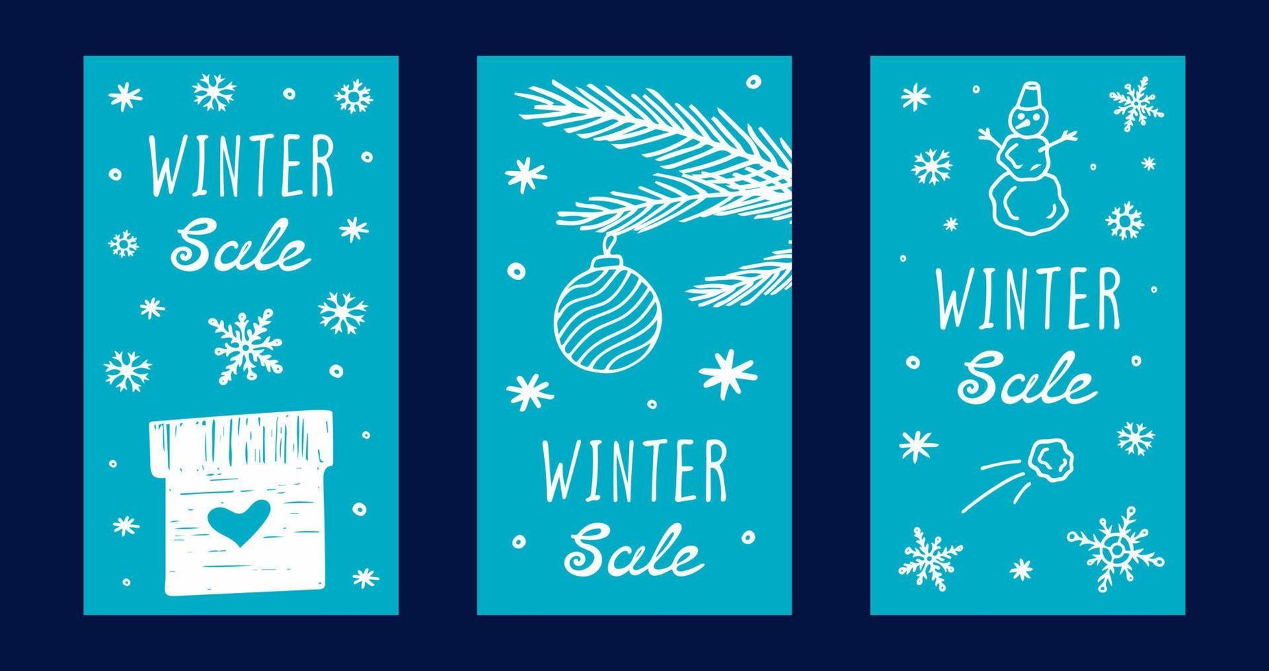 plantilla de banner vertical para la venta de invierno. ilustración de vector de gradiente dibujada a mano para el diseño de invierno con copos de nieve, cajas de regalo y abeto de rama.