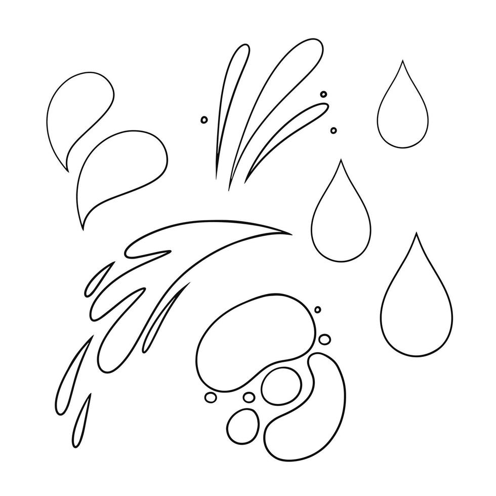 Monochrome set of icons, waves and water drops in cartoon style, various splashes, vector illustration on a white background