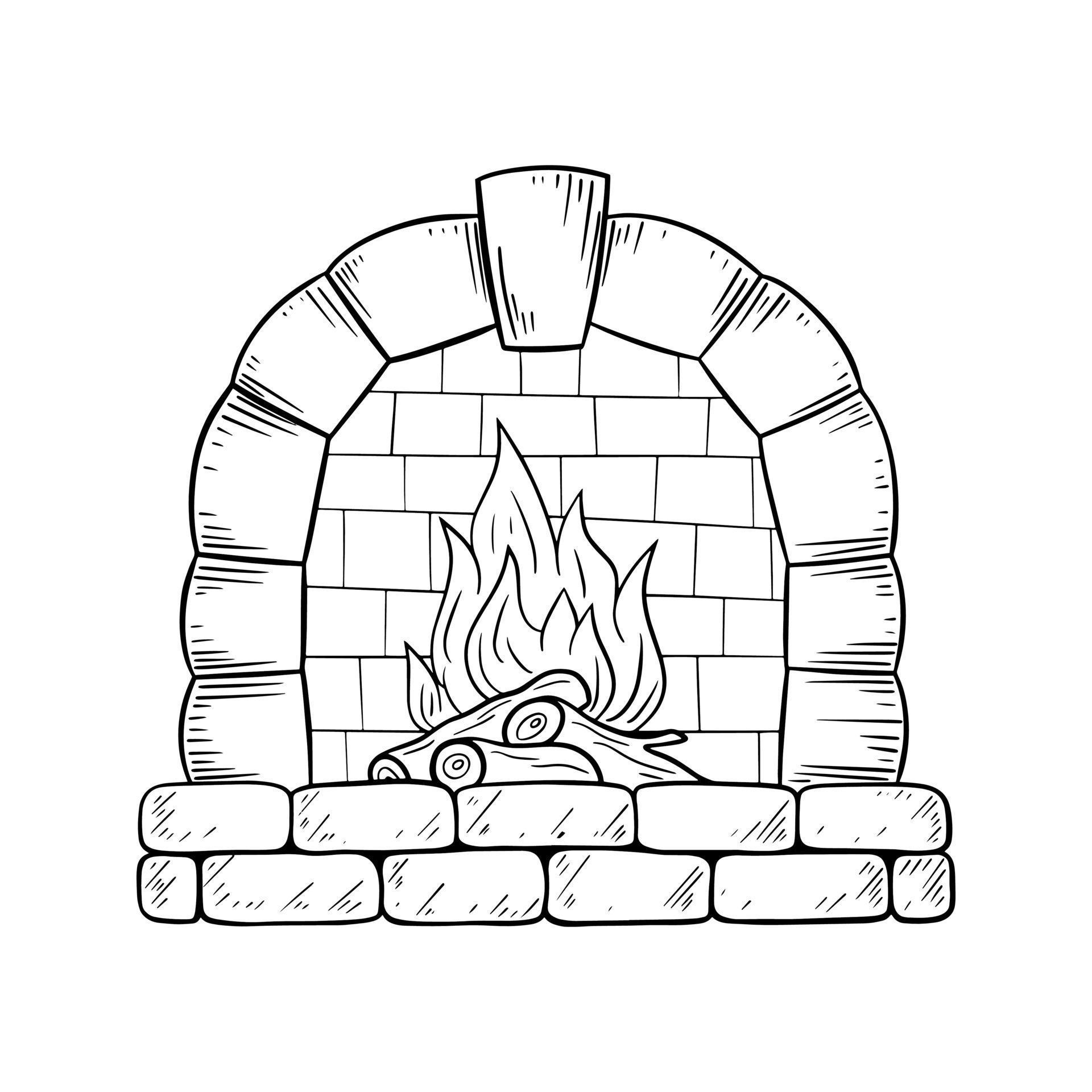 Monochrome image, stone fireplace with texture, wood and fire, vector