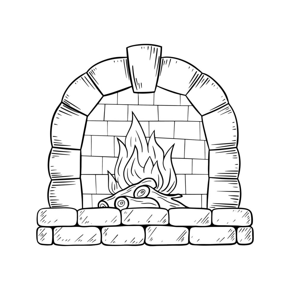 Monochrome image, stone fireplace with texture, wood and fire, vector illustration in cartoon style on a white background
