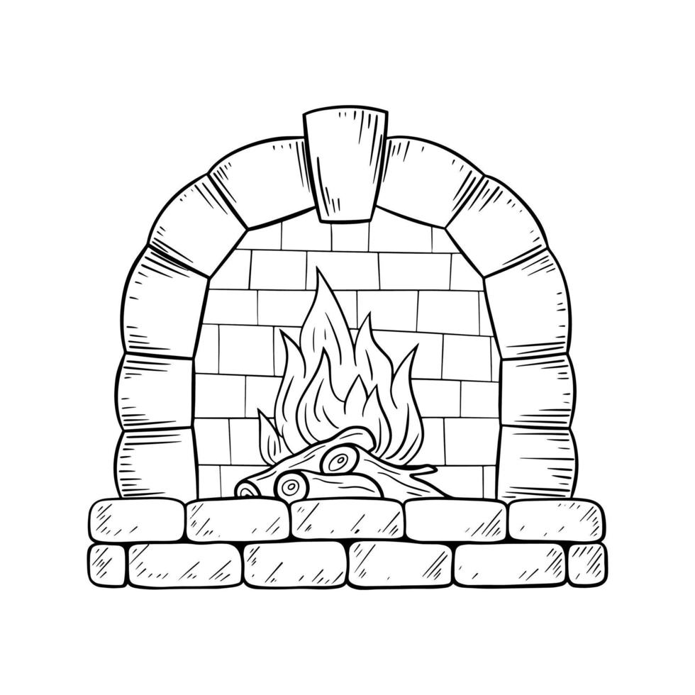 Monochrome image, stone fireplace with texture, wood and fire, vector illustration in cartoon style on a white background