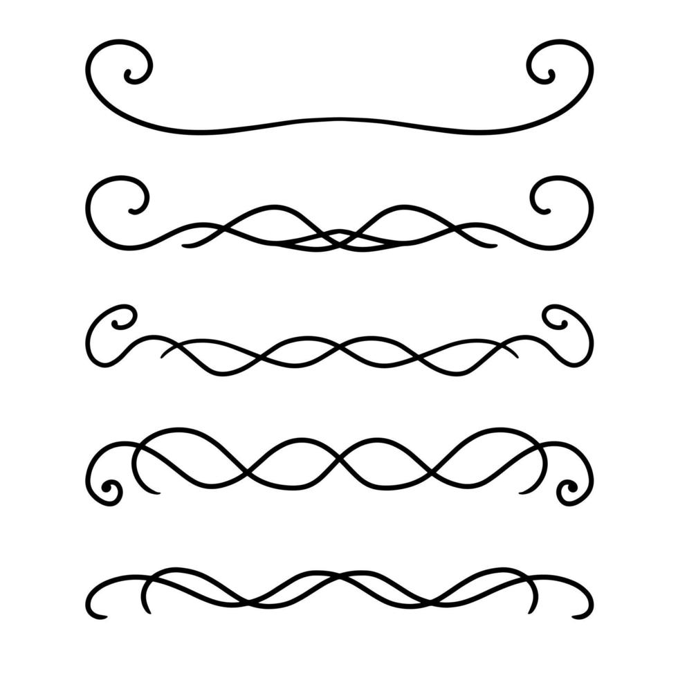 un conjunto de divisores vectoriales simétricos dobles con rizos, dibujados a mano con una línea negra, bordes para una plantilla de diseño vector