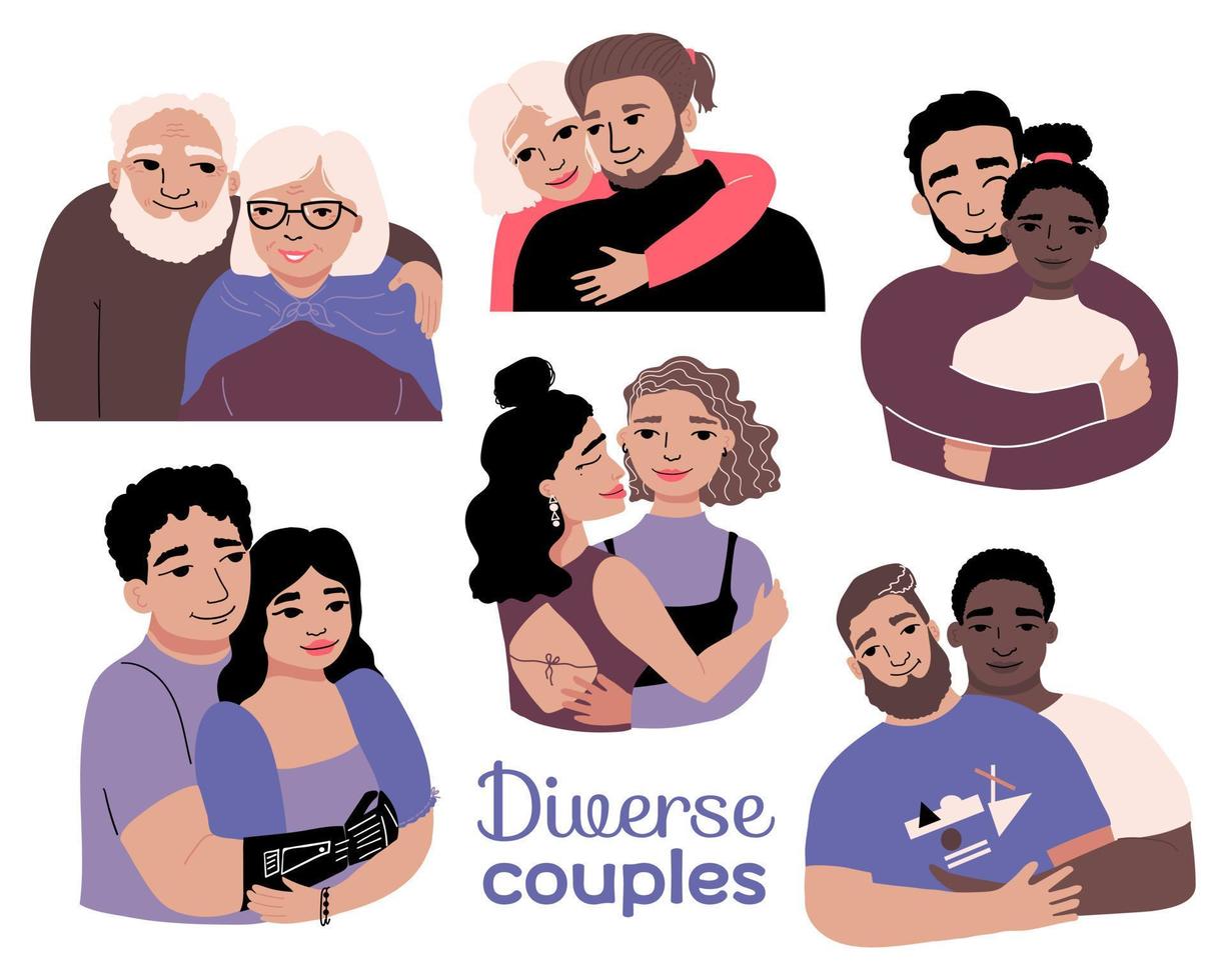 Diverse usual, homosexual and heterosexual couples set.  Inclusion. Cuddling. Vector