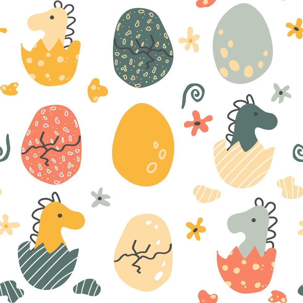 Pattern with Little dinosaurs in the eggs. Cracked egg. Flowers and spirals. Vector background. Baby print