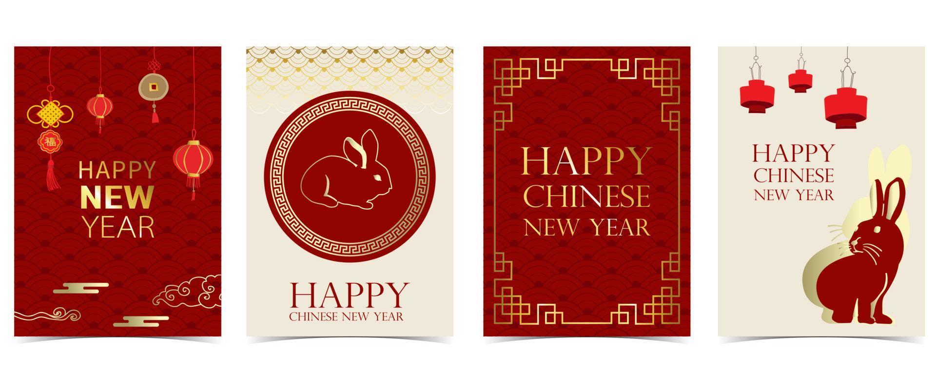 Gold red Chinese New Year card with rabbit,flower,lunar vector