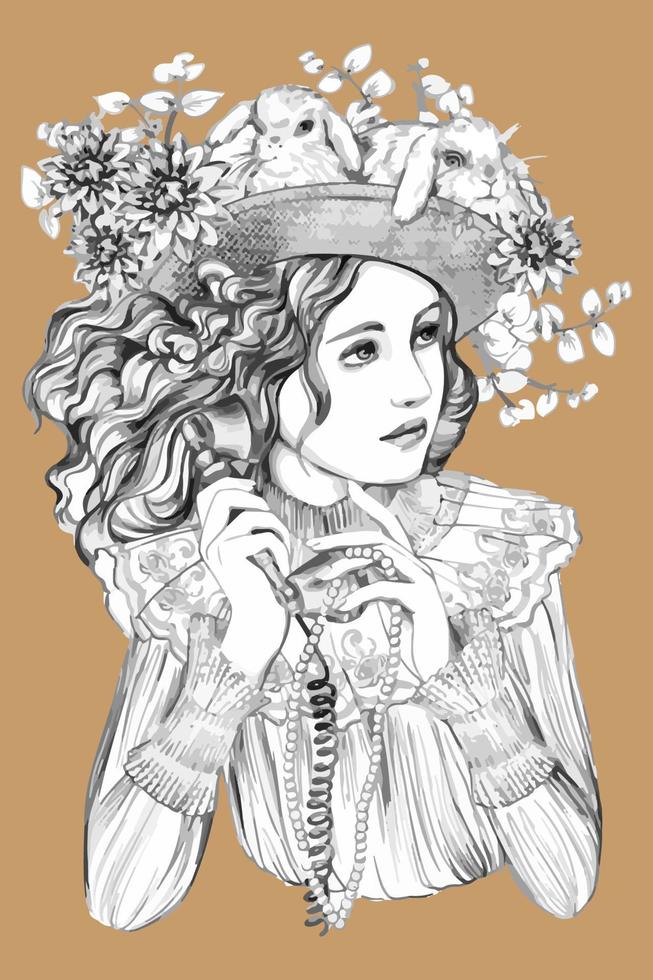 A vintage girl in a beautiful hat. Hand drawn in shades of gray vector. For vintage scrapbooking and coloring books. vector