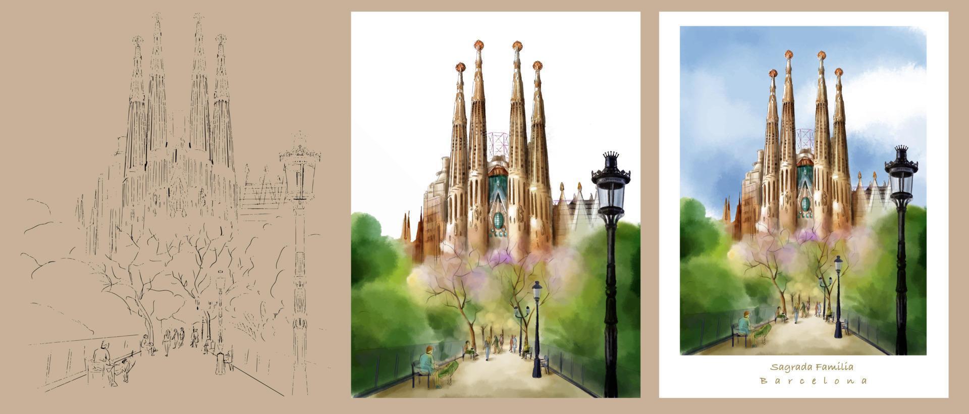 Barcelona Architecture Cathedrals watercolor vector drawing. For illustrations. Gaudi's Cathedral, architecture in barcelona, vintage engraved illustration, hand drawn, sketch