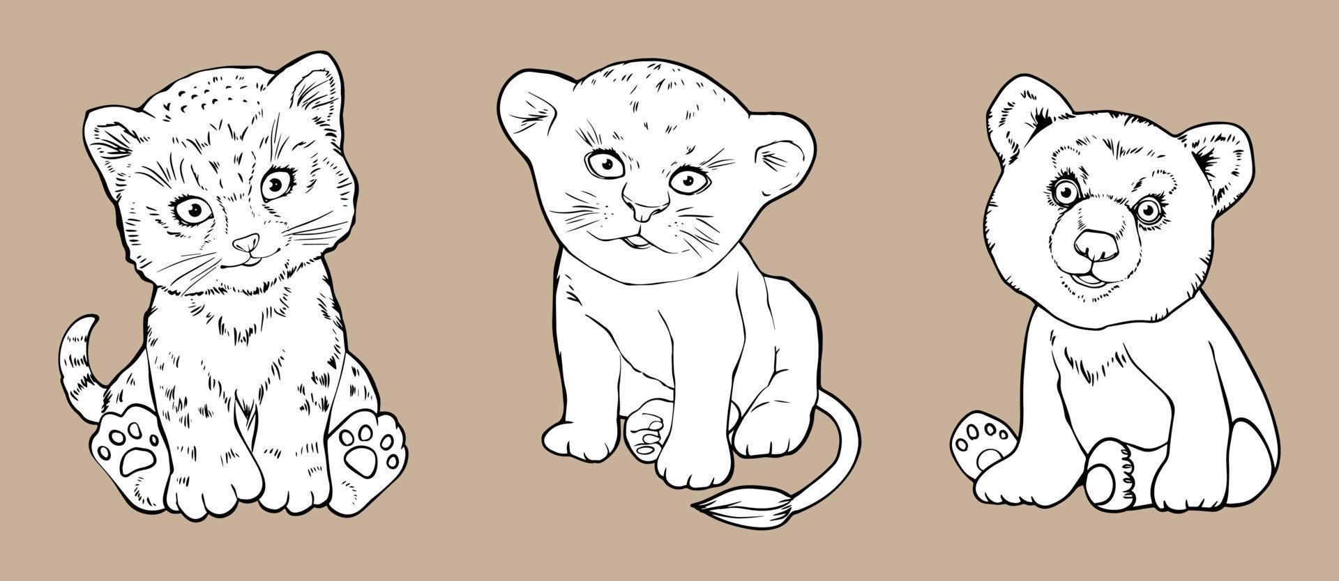 dibujos animados lindo cachorro de león, cachorro de oso, leopardo de las nieves. vector dibujado a mano en blanco y negro. para álbumes de recortes antiguos, ilustraciones, libros para colorear.