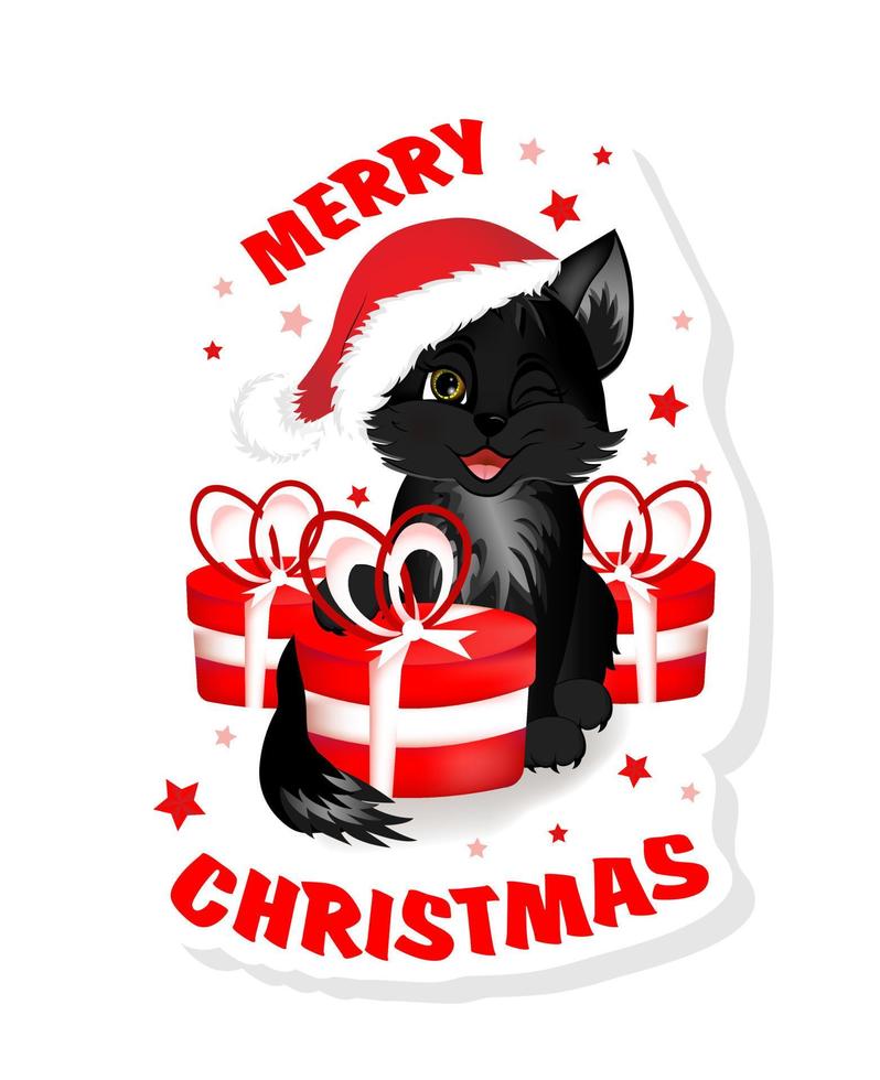 Sticker with black cat. Cute little kitty sitting with Christmas gifts. vector