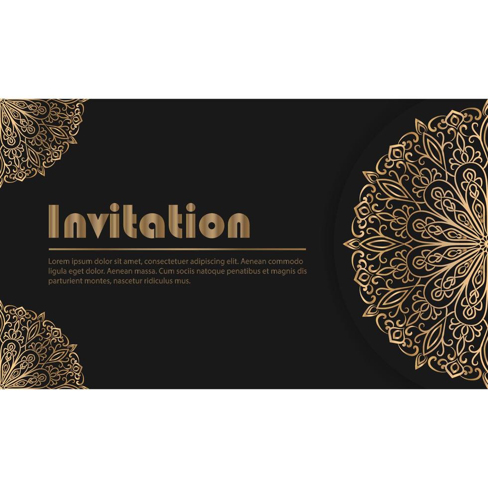 invitación de mandala dorada de lujo con fondo negro. vector