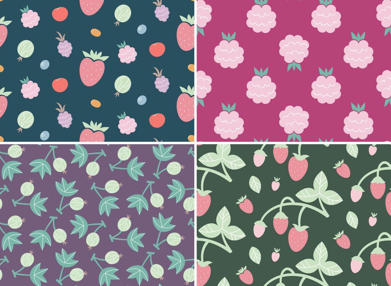 Seamless patterns with different berries. Nature textures in flat design. vector