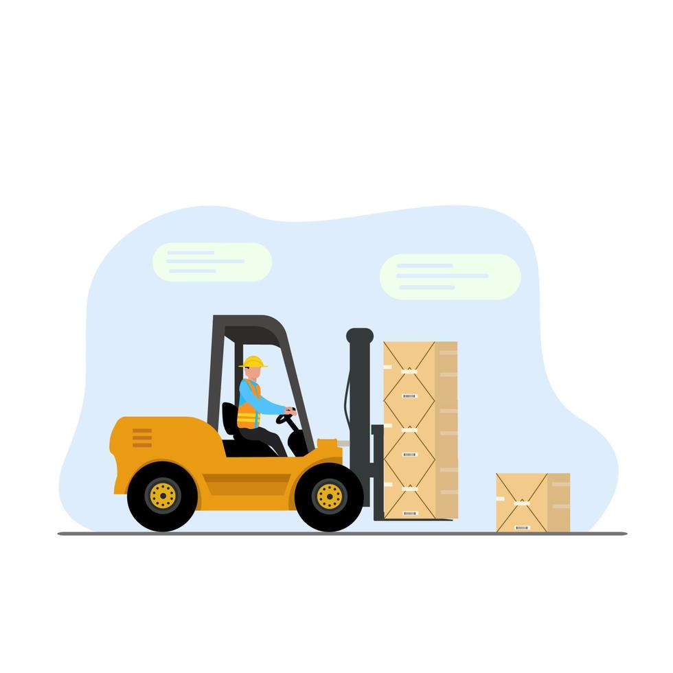 Forklift with driver. Forklift truck with man of driving. Fork lift with pallet on warehouse. Flat cartoon illustration vector