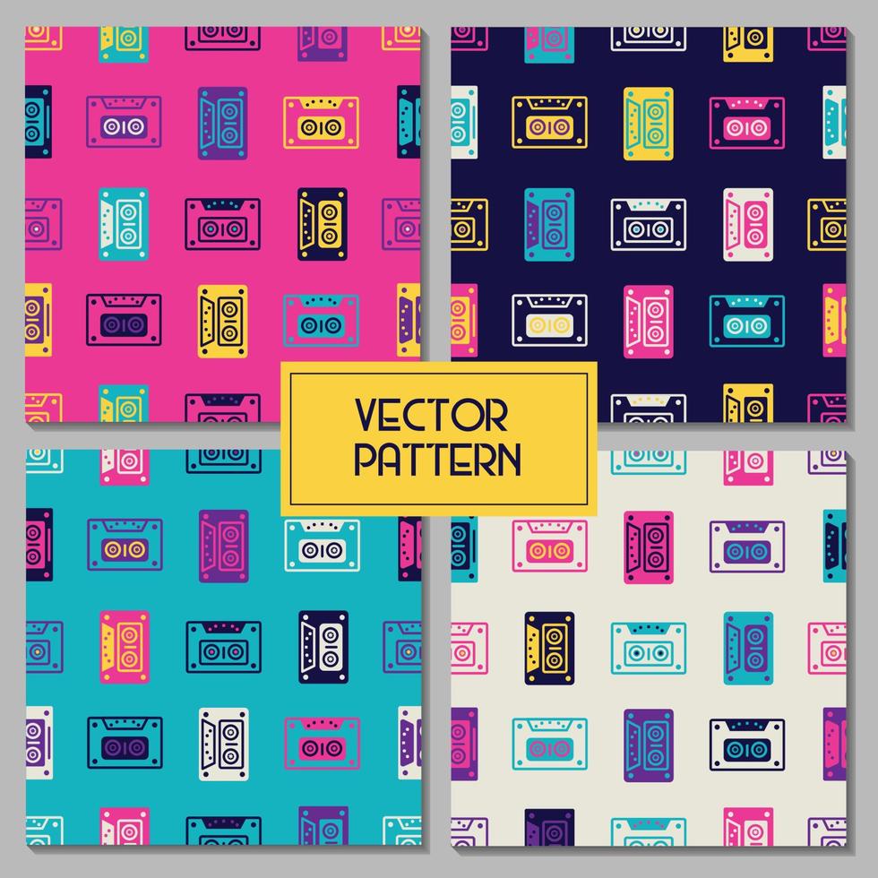 Colorful cassette tape radio rectangular shape memphis style retro seamless repeat vector pattern