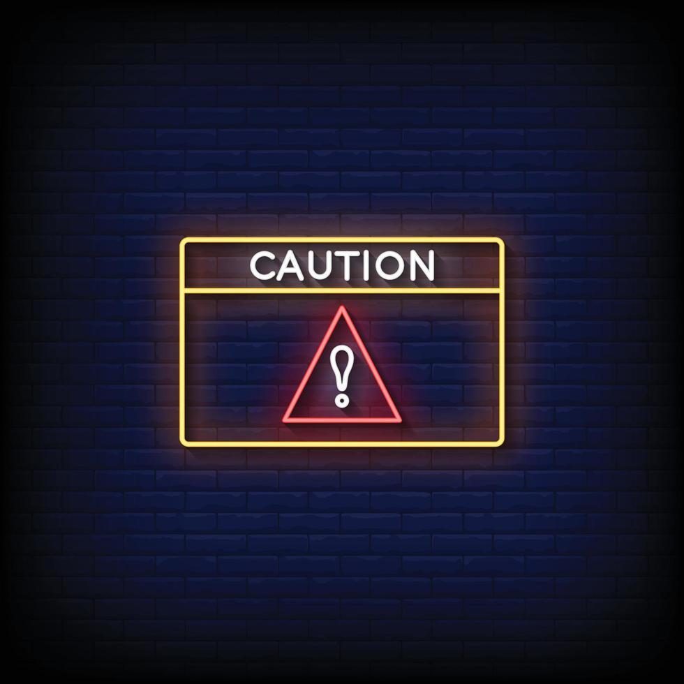 Neon Sign caution with brick wall background vector