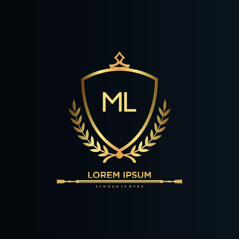 ML Letter Initial with Royal Template.elegant with crown logo vector, Creative Lettering Logo Vector Illustration.