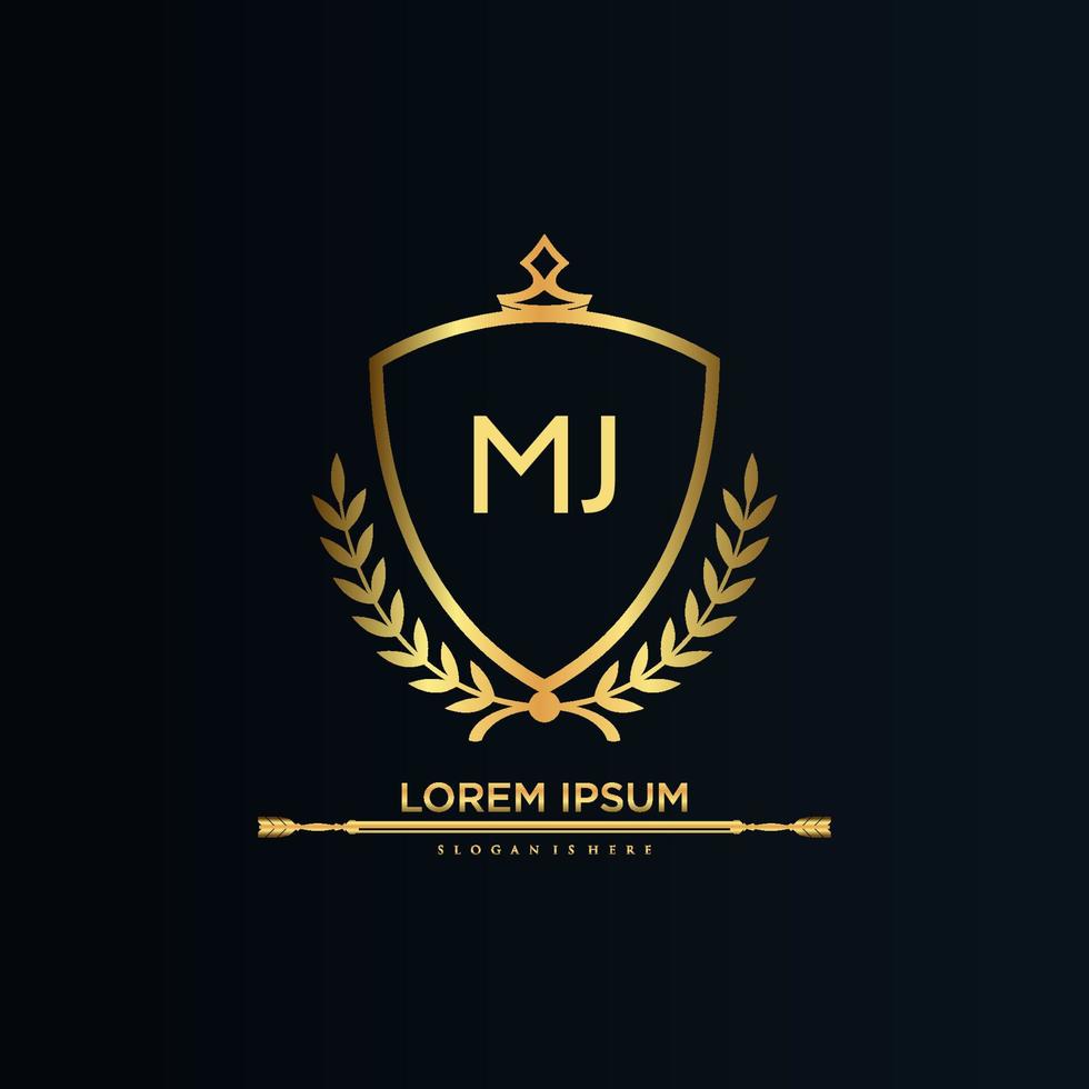 MJ Letter Initial with Royal Template.elegant with crown logo vector, Creative Lettering Logo Vector Illustration.