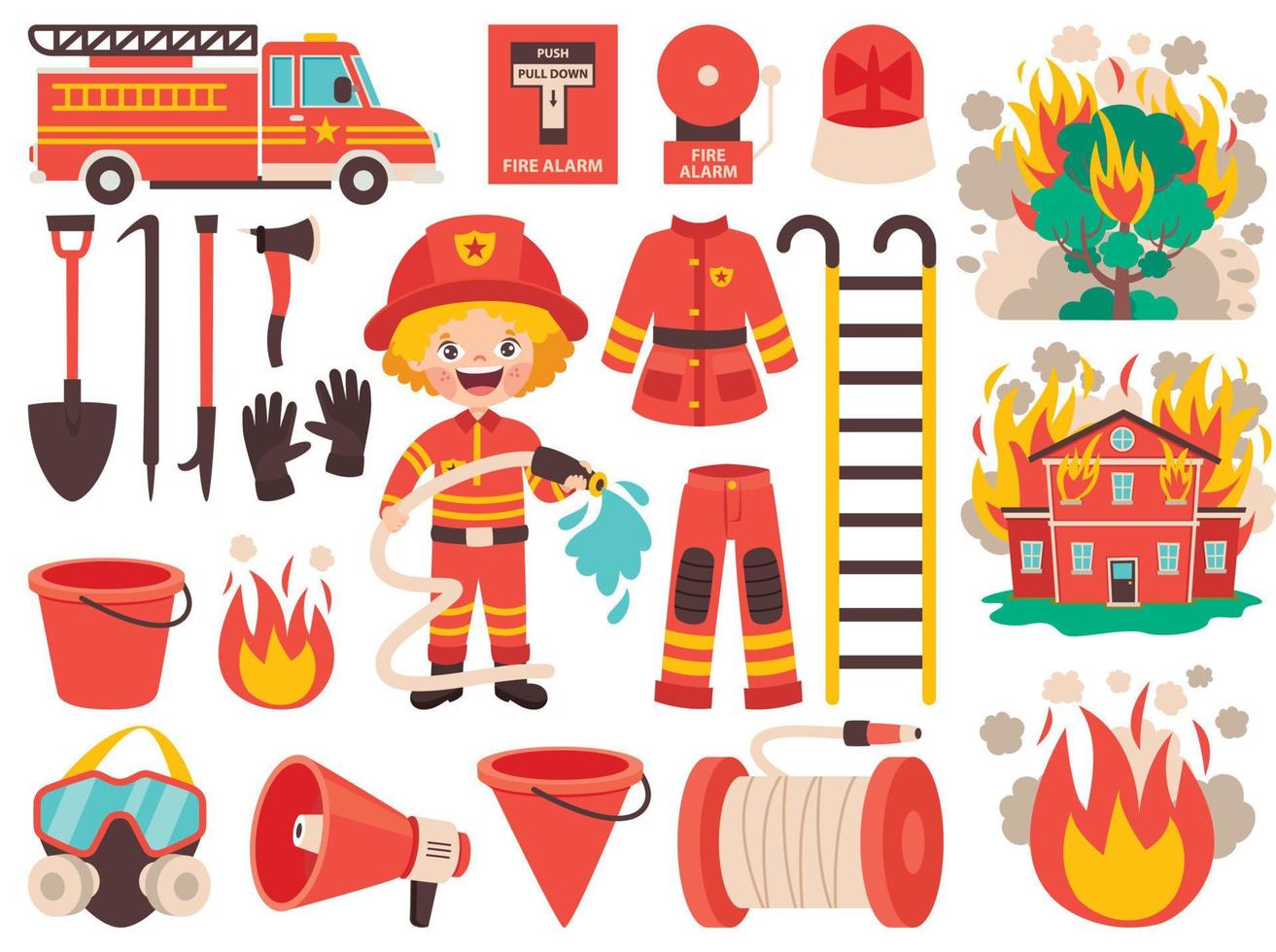 Set Of Various Fireman Elements vector