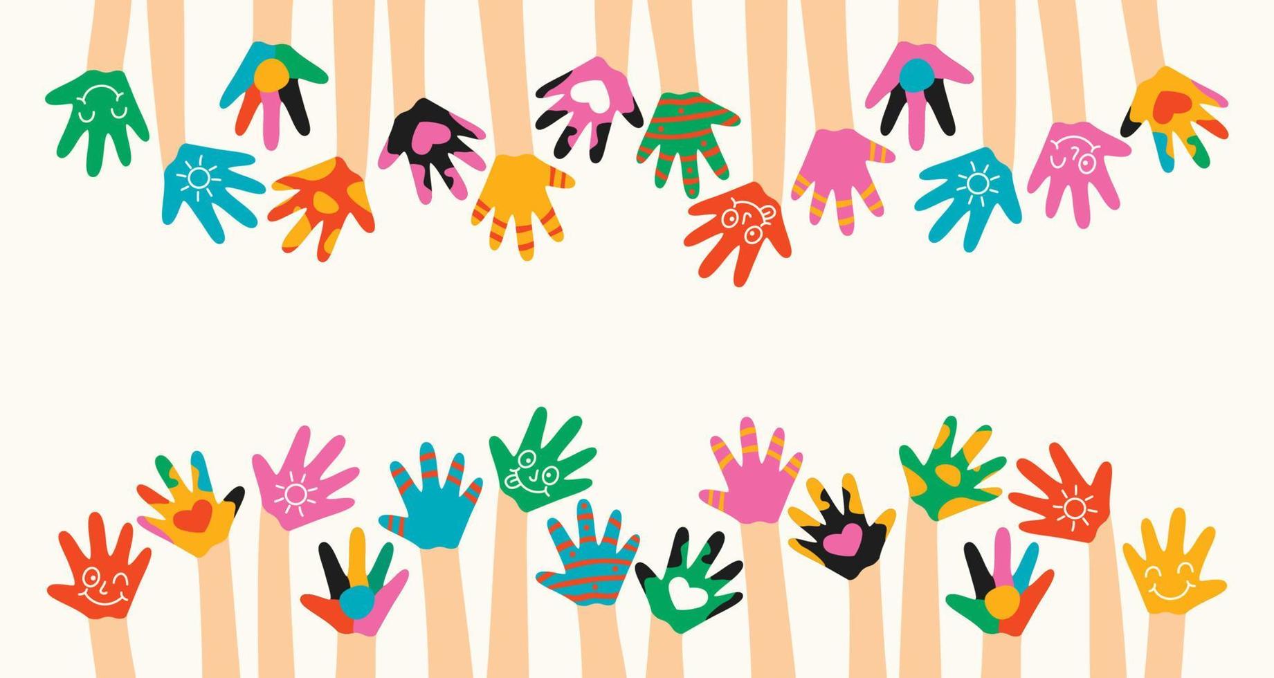 manos pintadas de colores de niños pequeños vector