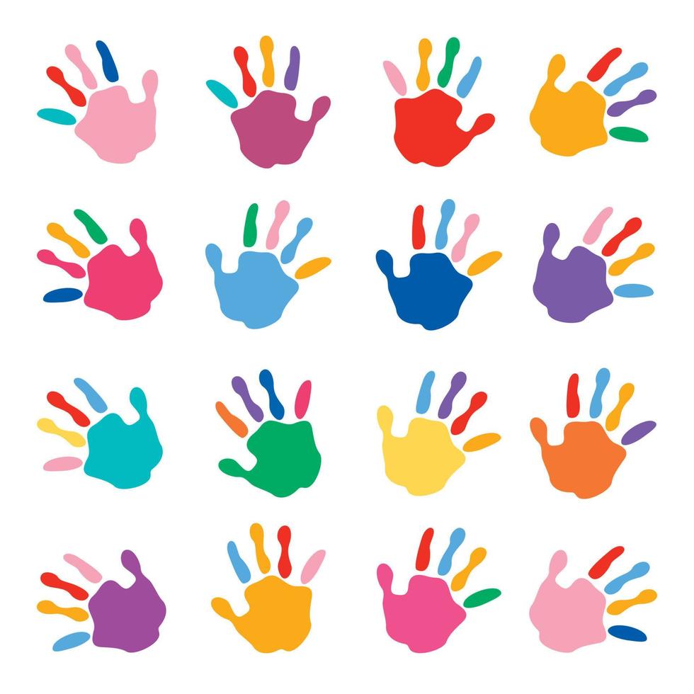 manos pintadas de colores de niños pequeños vector