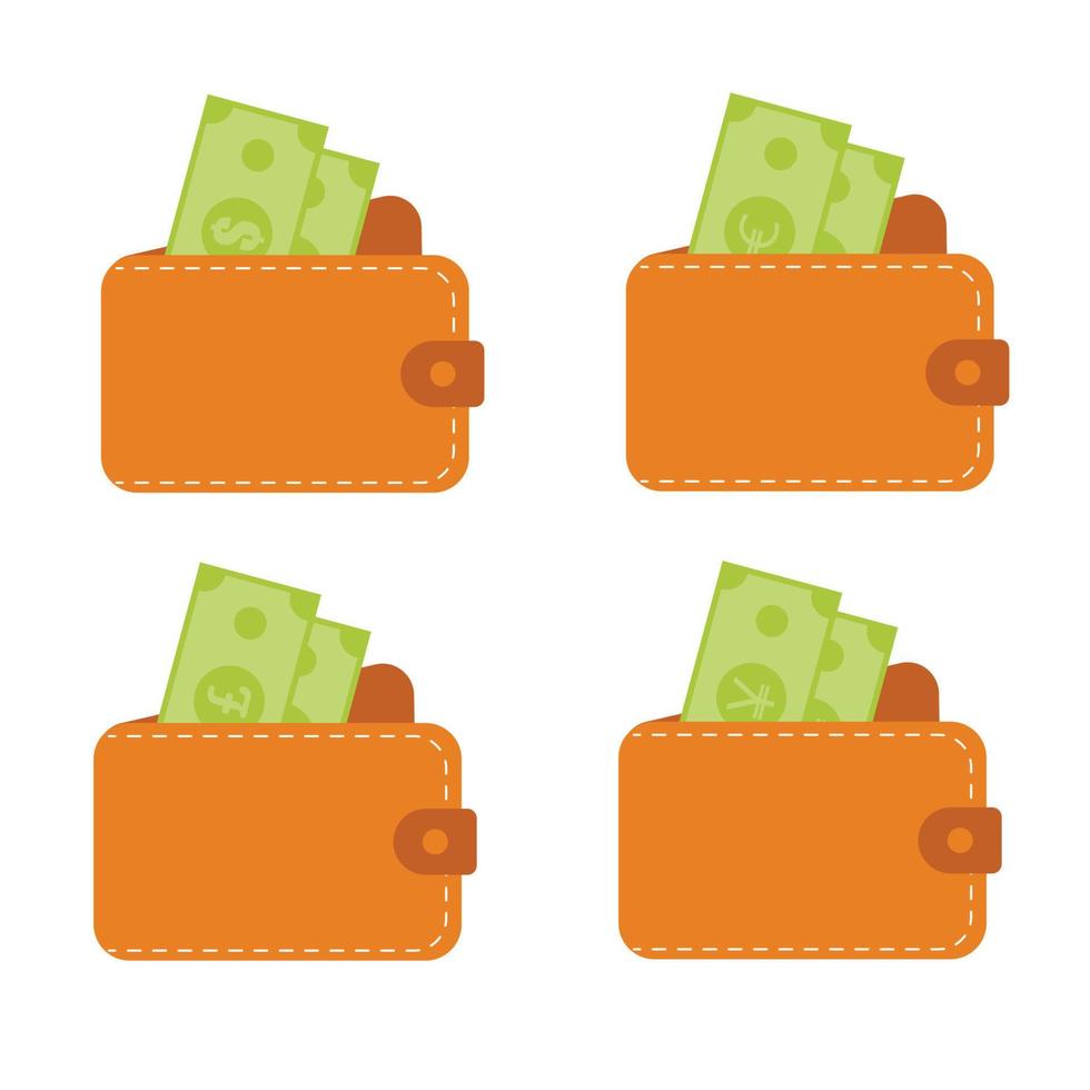 Set of leather open wallets with money dollar, euro, pound, yen. Isolated on white background. Vector illustration.