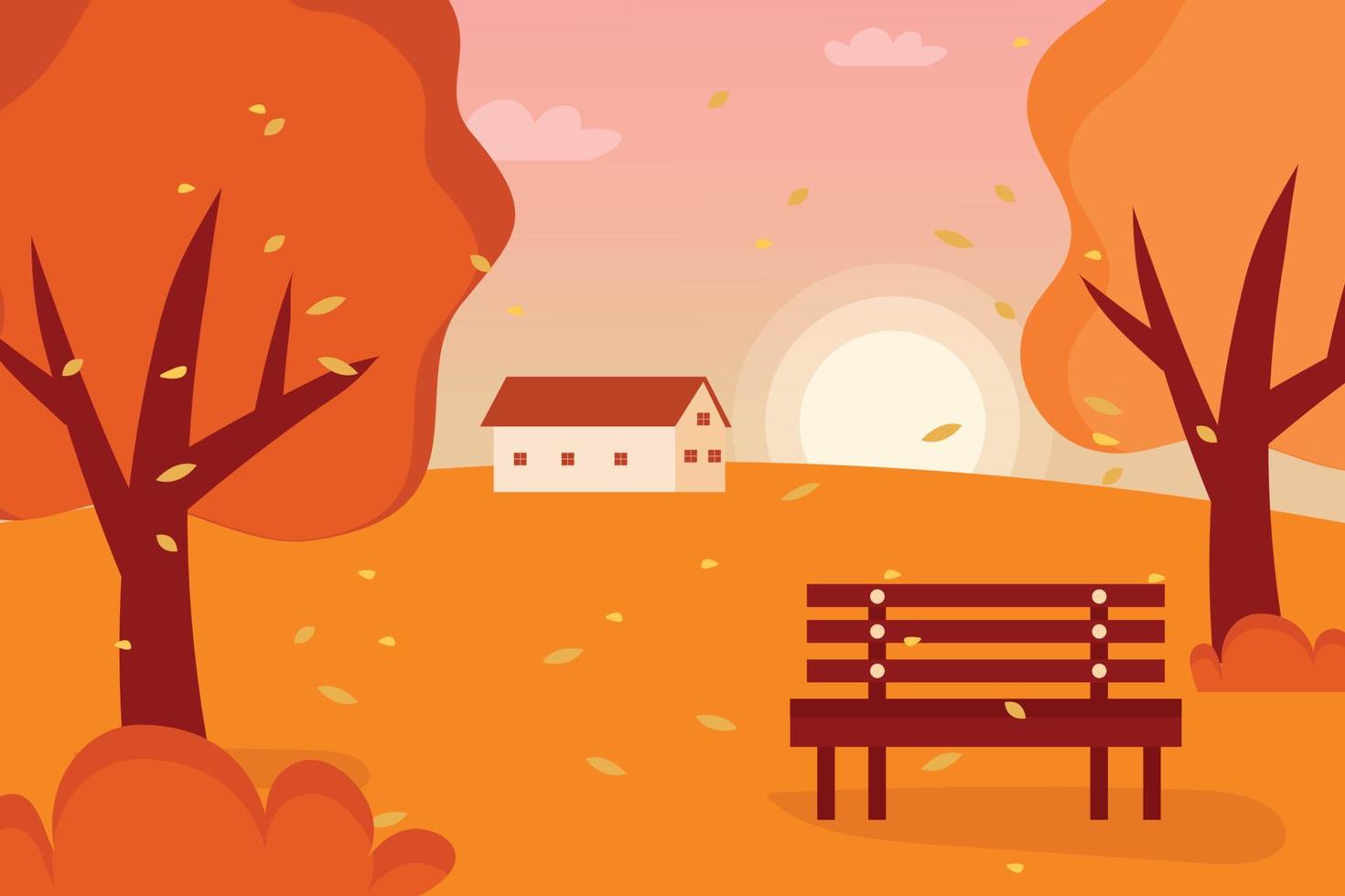 Flat autumn background with a bench and a house. Vector illustration