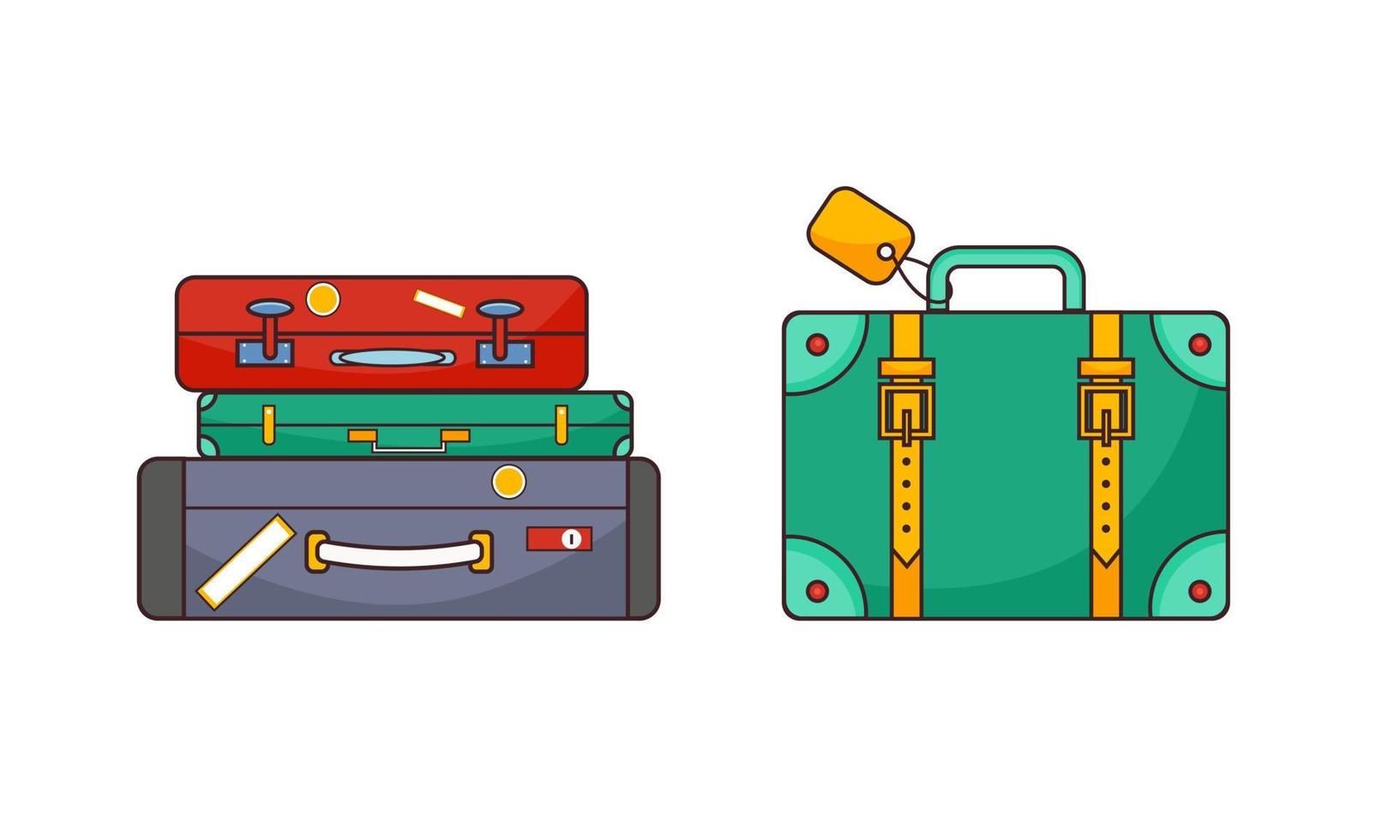Set of stacks of luggage and a cartoon suitcase for travel. Isolated on white background. Vector illustration.