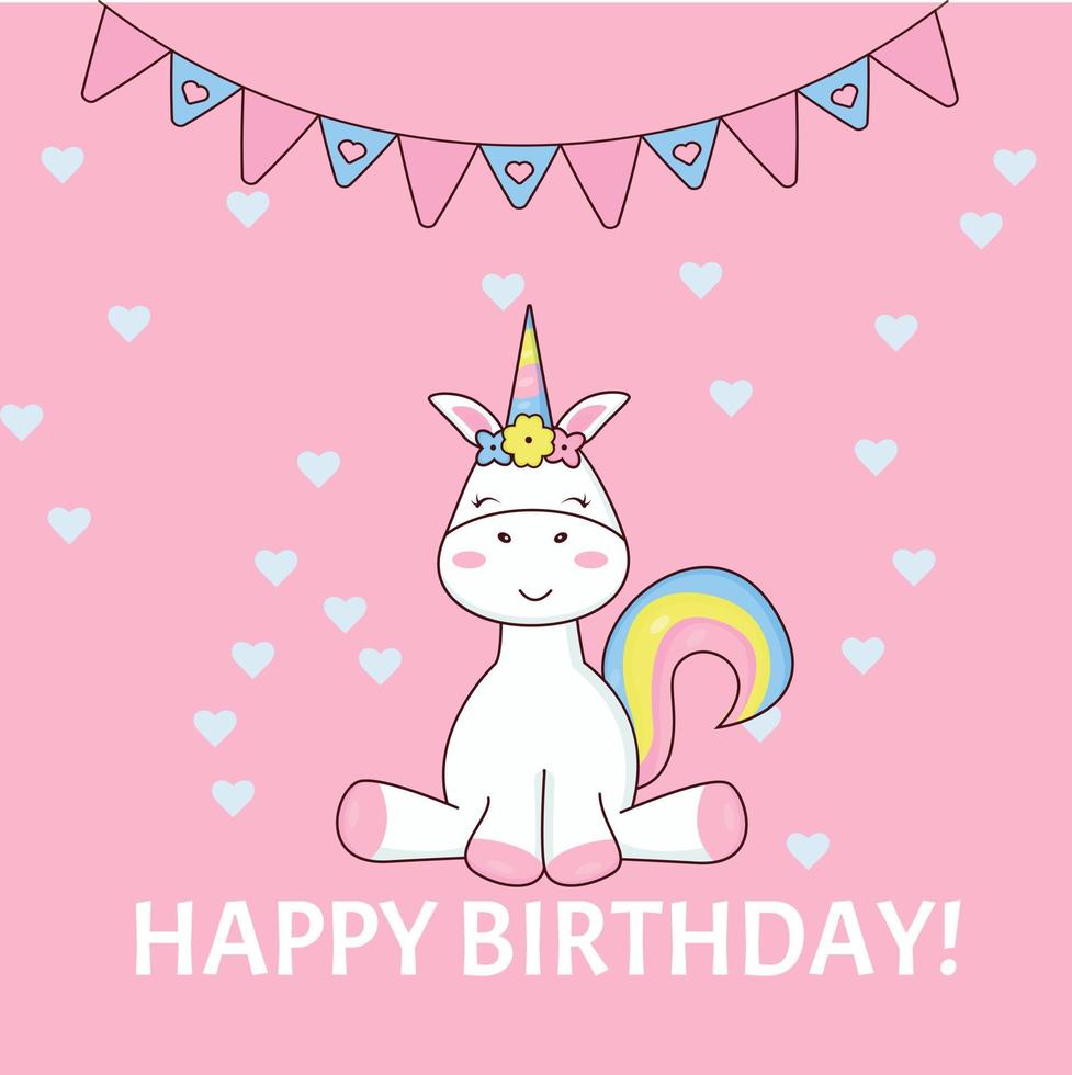 Unicorn birthday card with pink background vector