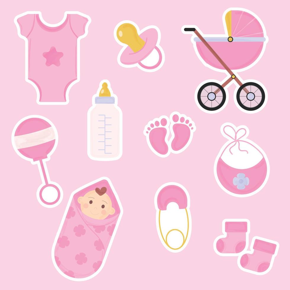 Set of baby shower stickers for a girl. Vector illustration