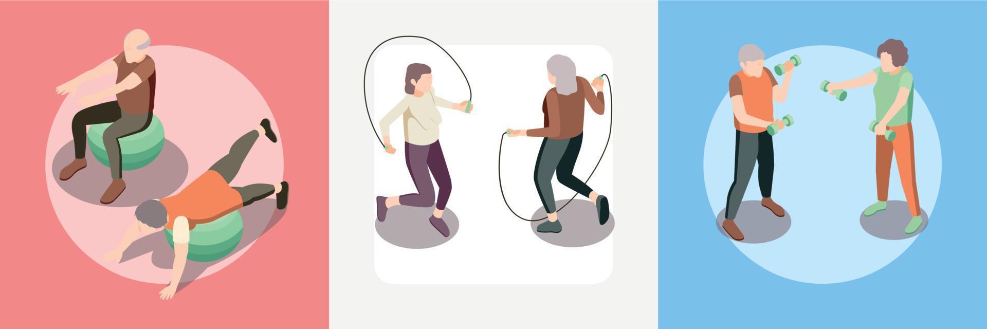 Old People Fitness Square Set vector