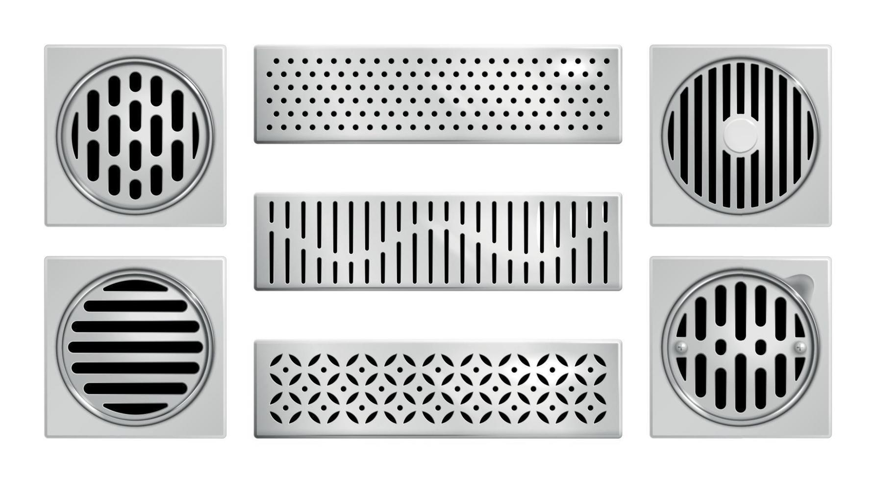 Realistic Drainage Grates Shower Icon Set vector