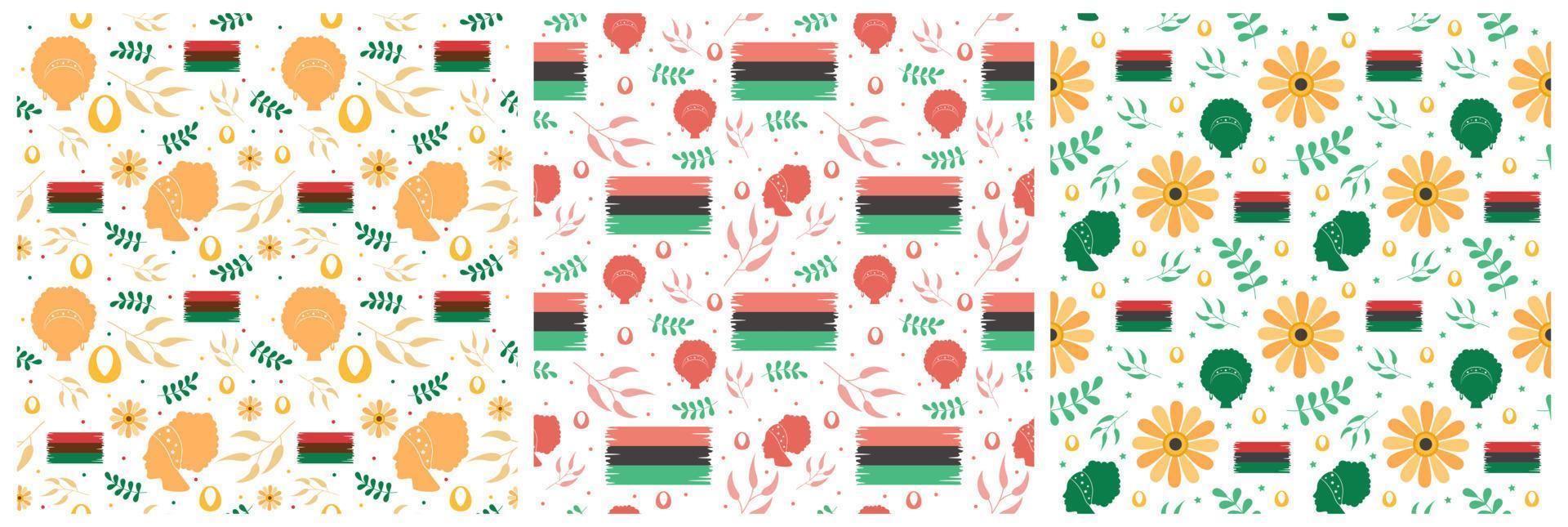 conjunto de feliz kwanzaa vacaciones diseño de patrones sin fisuras africanos con elemento de estilo festival en plantilla ilustración plana de dibujos animados dibujados a mano vector