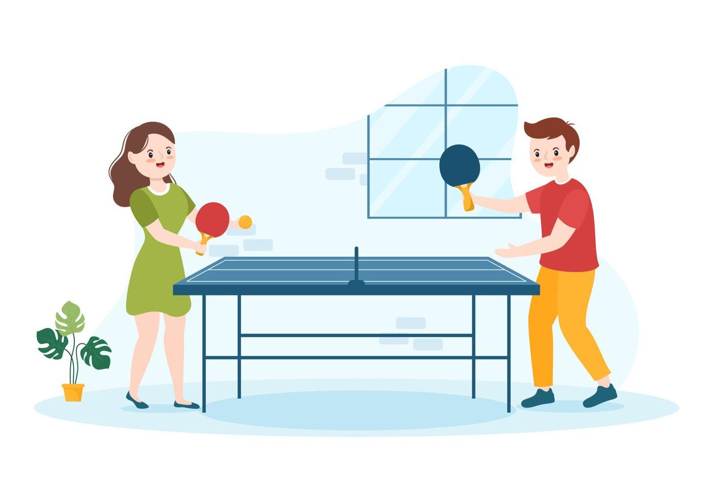 gente jugando deportes de tenis de mesa con raqueta y pelota de juego de ping pong en dibujos animados planos dibujados a mano ilustración de plantillas vector