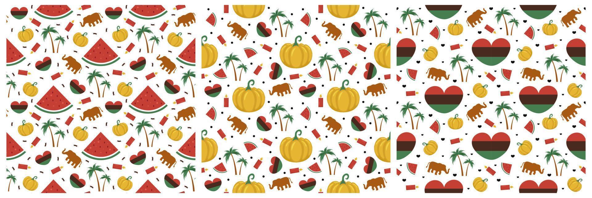 Set of Happy Kwanzaa Holiday African Seamless Pattern Design with Festival Style Element on Template Hand Drawn Cartoon Flat Illustration vector
