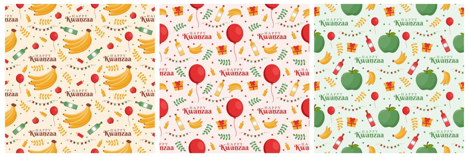 Set of Happy Kwanzaa Holiday African Seamless Pattern Design with Festival Style Element on Template Hand Drawn Cartoon Flat Illustration vector