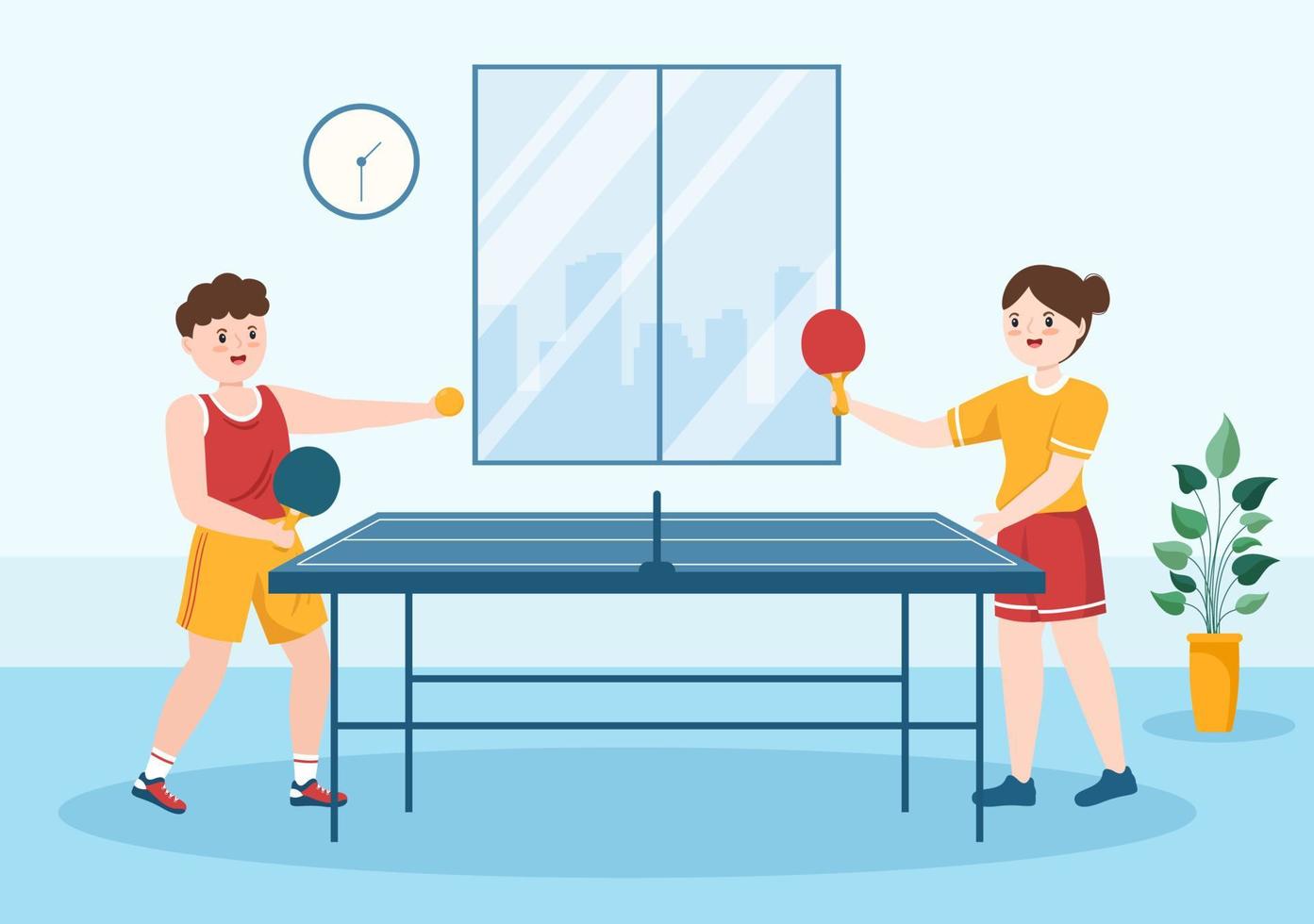 gente jugando deportes de tenis de mesa con raqueta y pelota de juego de ping pong en dibujos animados planos dibujados a mano ilustración de plantillas vector