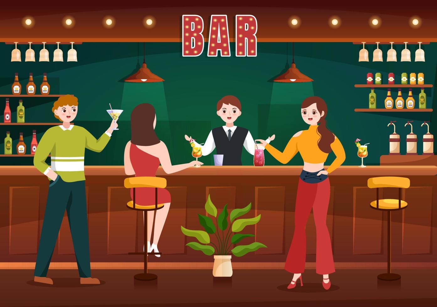 bar de cócteles o club nocturno con amigos pasando el rato con bebidas alcohólicas de jugo de frutas o cócteles en una ilustración de plantilla de caricatura dibujada a mano plana vector