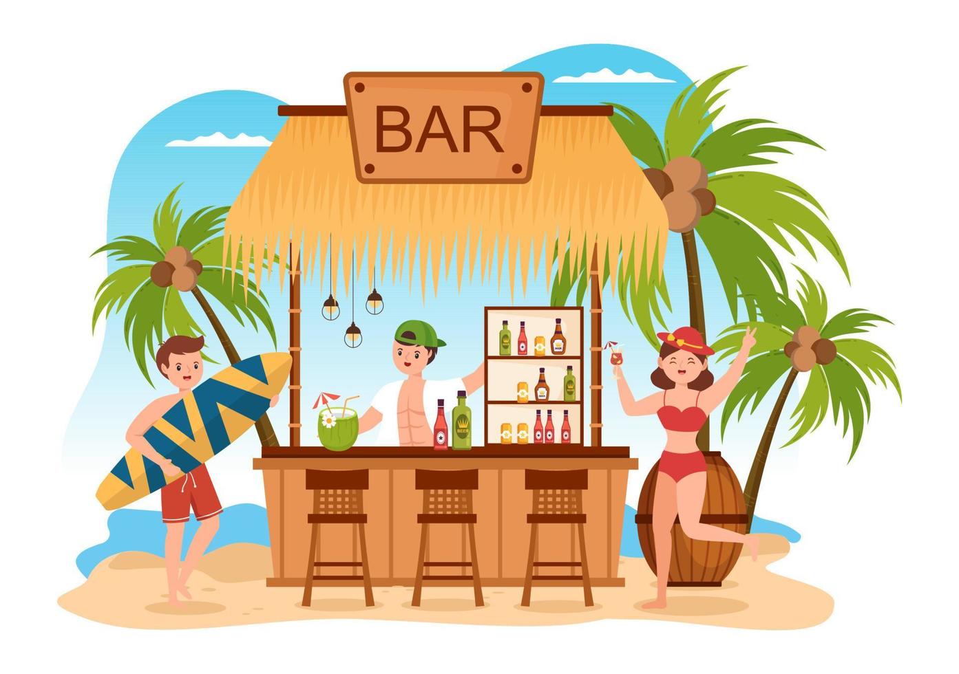 bar de cócteles tropicales que sirve bebidas alcohólicas de jugo de frutas o cócteles junto al mar en una ilustración de plantilla de caricatura dibujada a mano plana vector