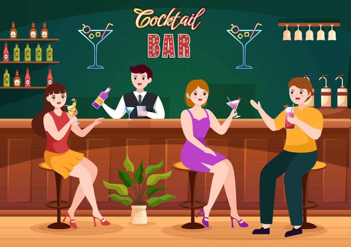 Cocktail Bar or Nightclub with Friends Hanging Out with Alcoholic Fruit Juice Drinks or Cocktails on Flat Hand Drawn Cartoon Template Illustration vector